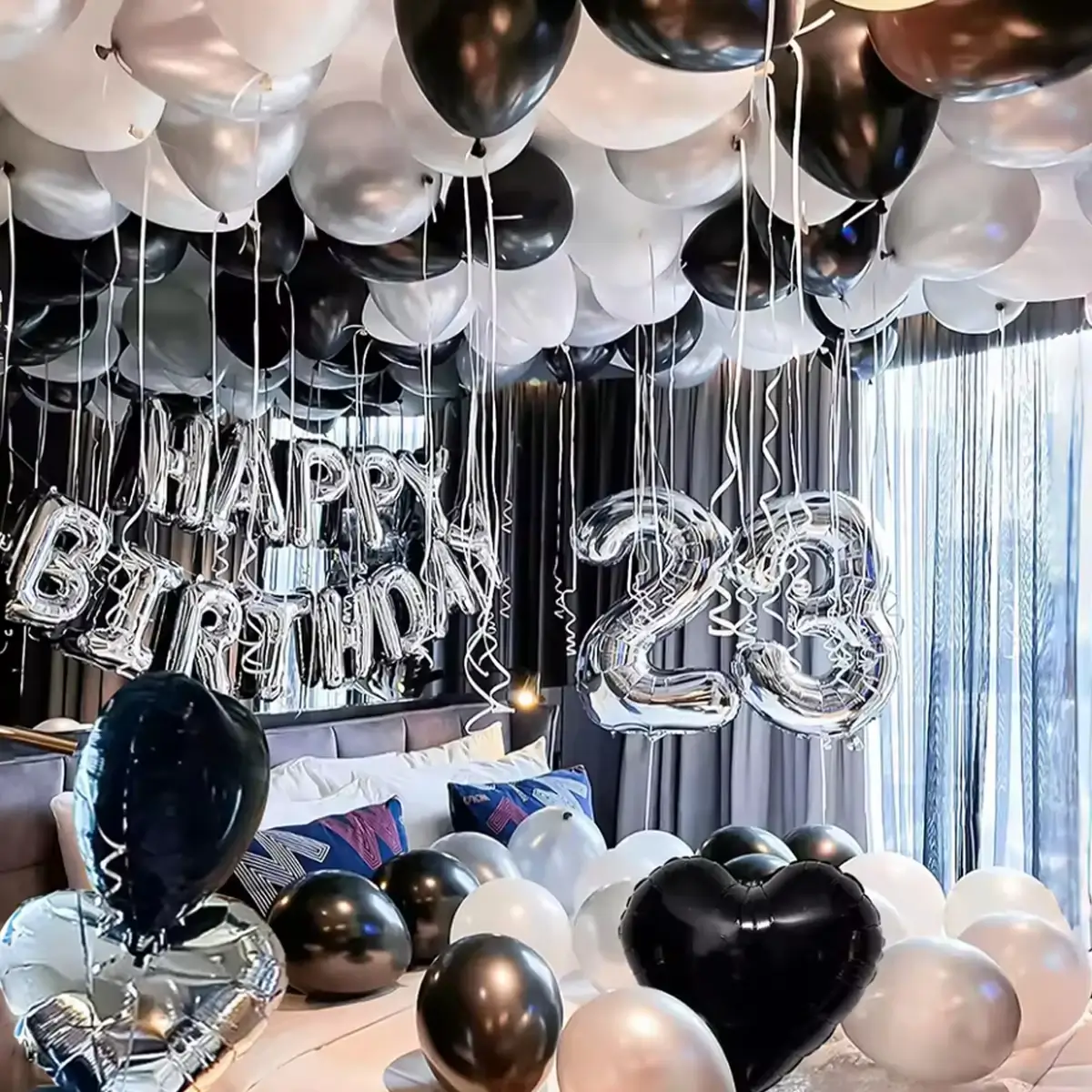 30/54pcs black and white balloons, silver banner b